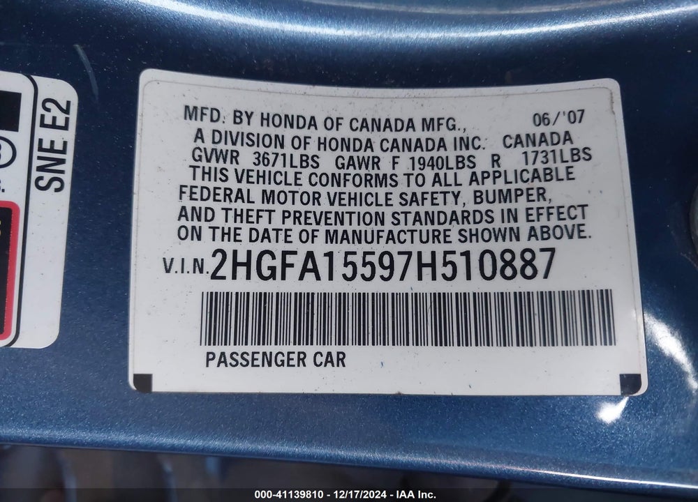 2007 HONDA CIVIC LX VIN: 2HGFA15597H510887