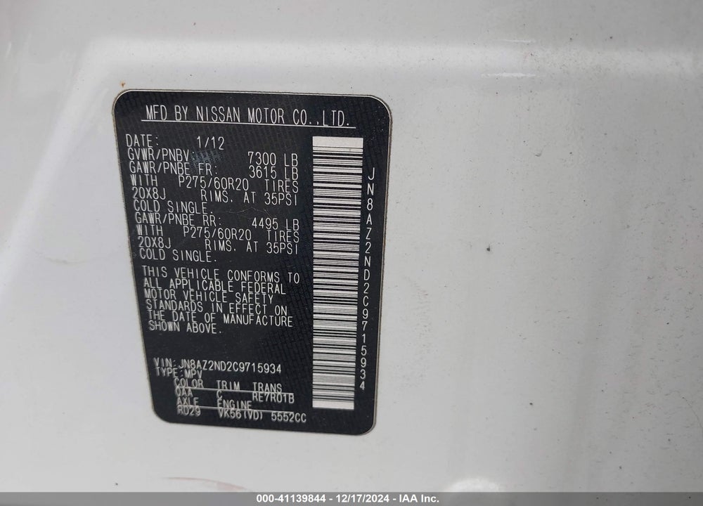 2012 INFINITI QX56 8-PASSENGER VIN: JN8AZ2ND2C9715934