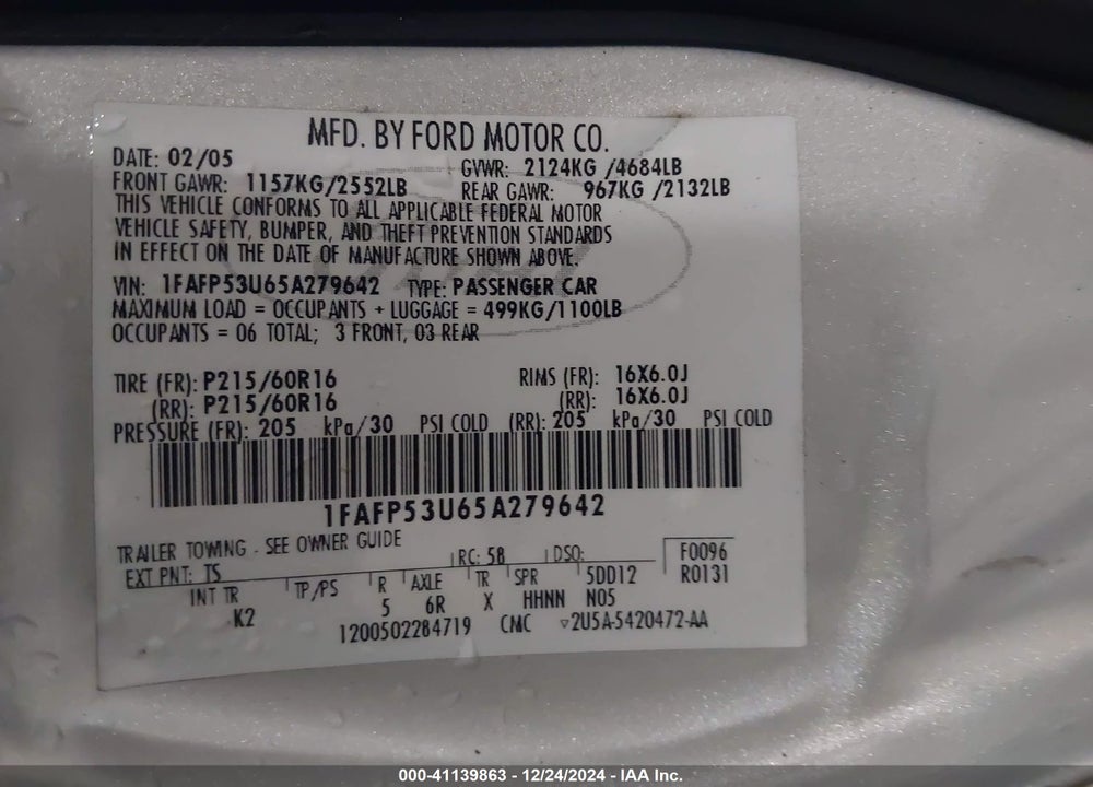 2005 FORD TAURUS SE VIN: 1FAFP53U65A279642