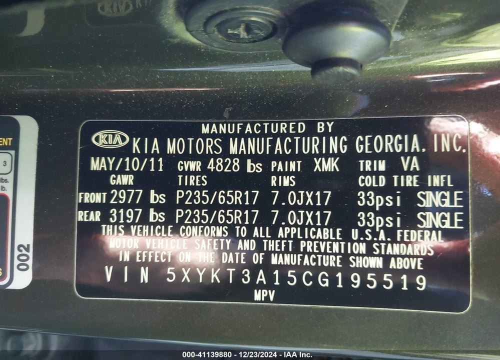 2012 KIA SORENTO LX VIN: 5XYKT3A15CG195519