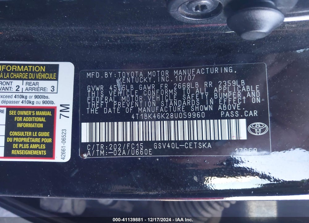 2008 TOYOTA CAMRY SE V6 VIN: 4T1BK46K28U059960