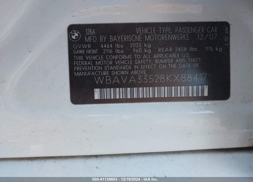 2008 BMW 328I VIN: WBAVA33528KX88417
