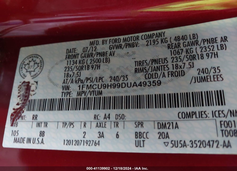 2013 FORD ESCAPE SEL VIN: 1FMCU9H99DUA49359