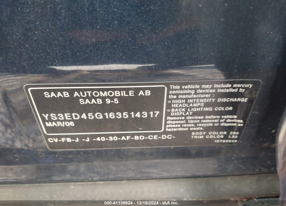 2006 SAAB 9-5 2.3T VIN: YS3ED45G163514317