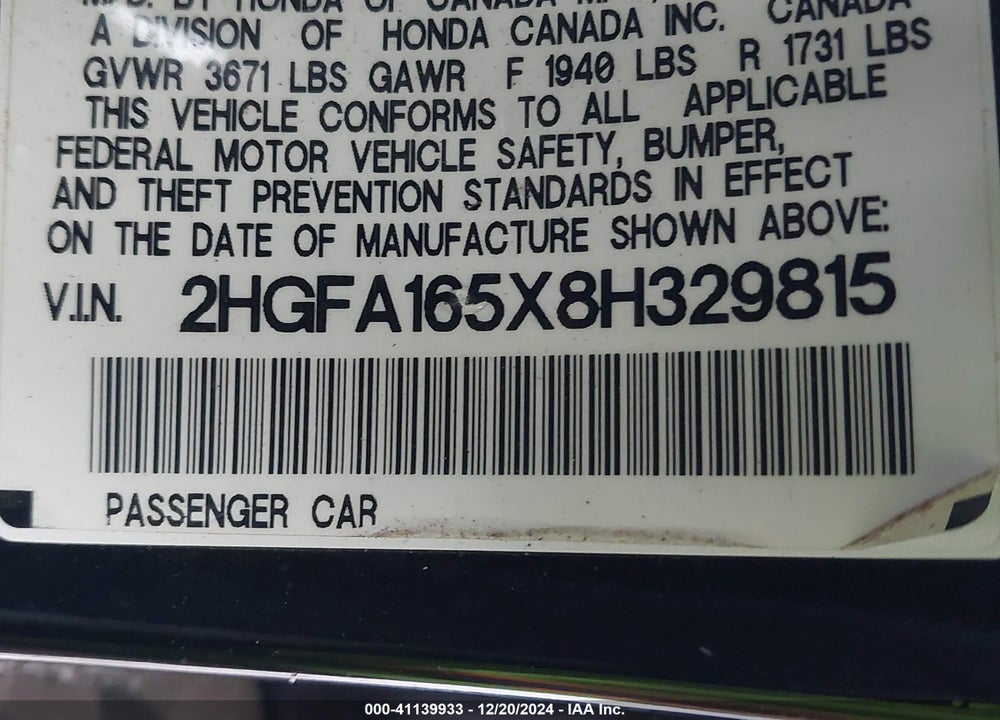 2008 HONDA CIVIC LX VIN: 2HGFA165X8H329815