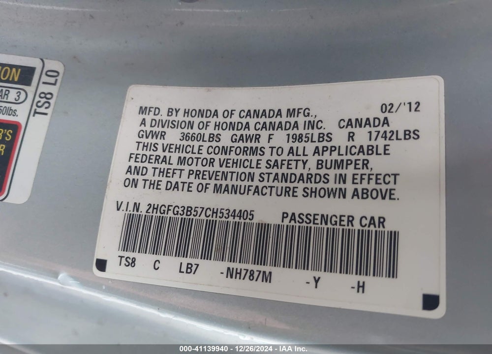 2012 HONDA CIVIC LX VIN: 2HGFG3B57CH534405