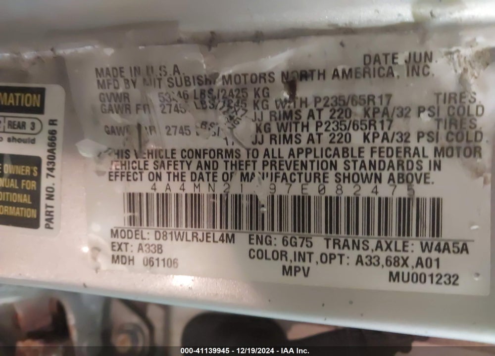 2007 MITSUBISHI ENDEAVOR LS VIN: 4A4MN21S97E082475