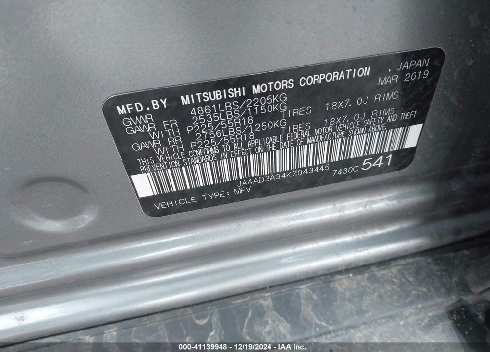2019 MITSUBISHI OUTLANDER SE VIN: JA4AD3A34KZ043445