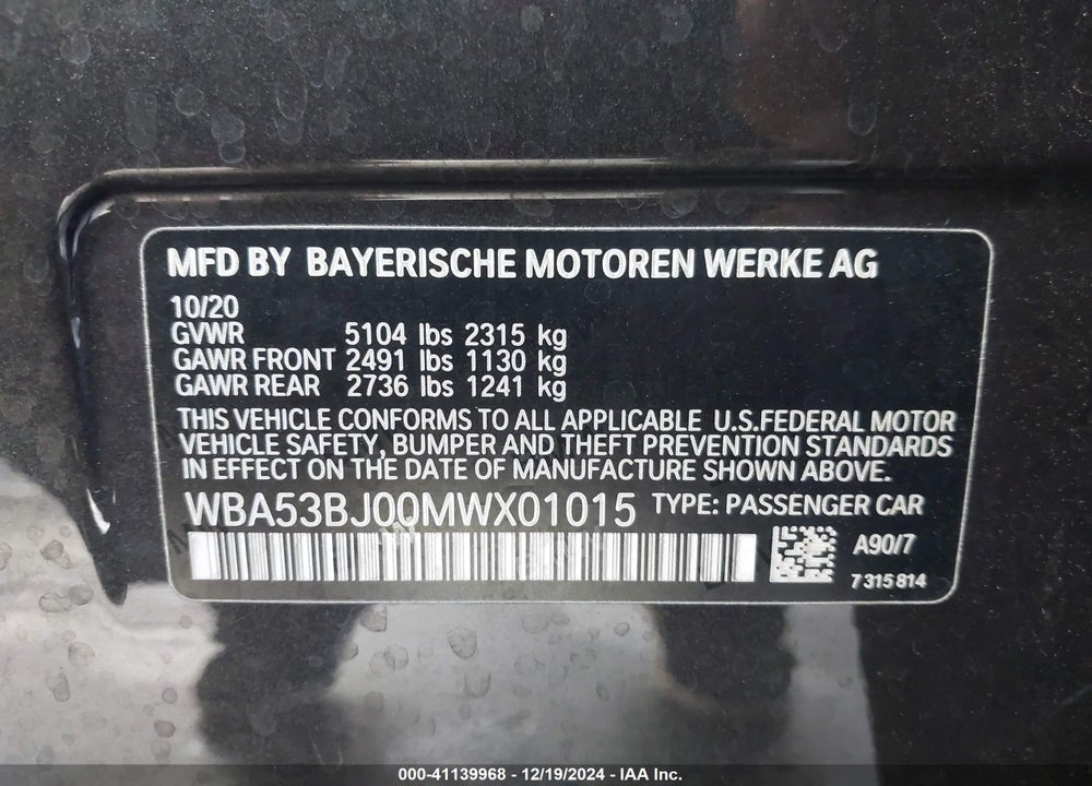 2021 BMW 540I VIN: WBA53BJ00MWX01015