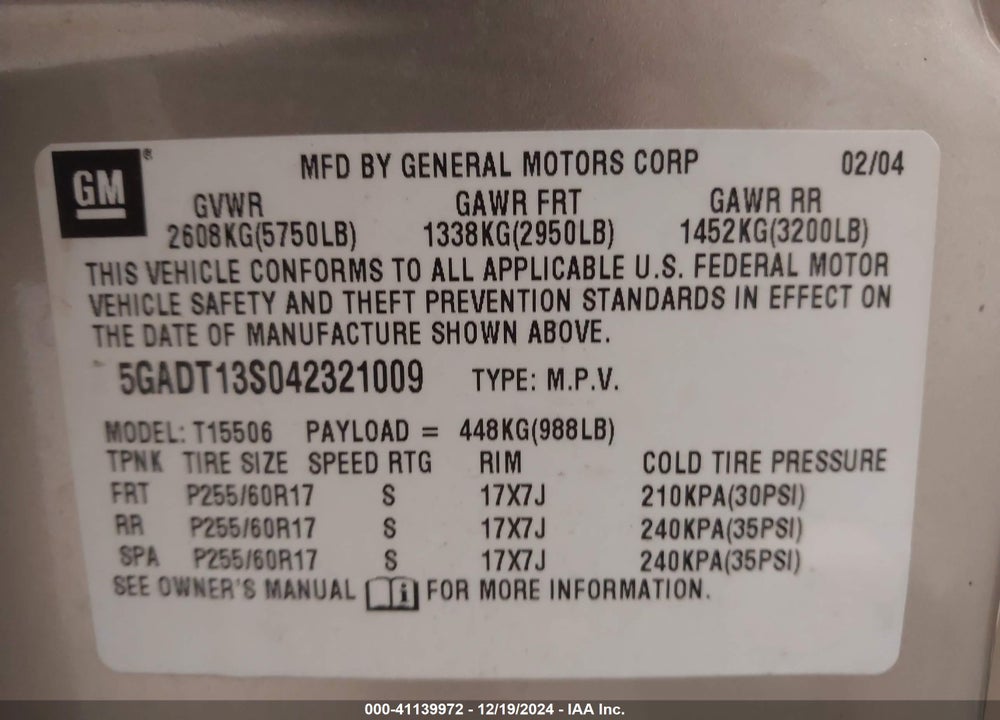 2004 BUICK RAINIER CXL PLUS VIN: 5GADT13S042321009