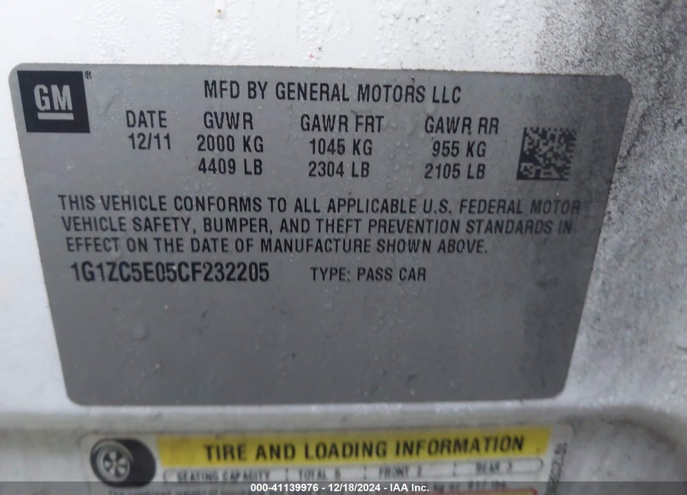 2012 CHEVROLET MALIBU 1LT VIN: 1G1ZC5E05CF232205