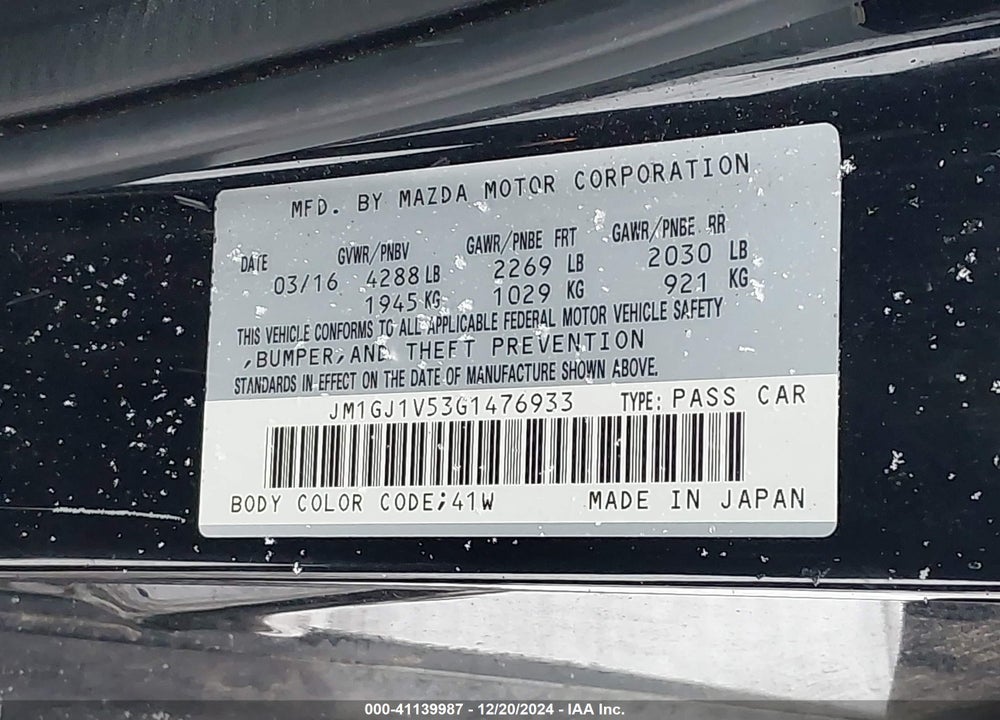 2016 MAZDA 6 I TOURING VIN: JM1GJ1V53G1476933