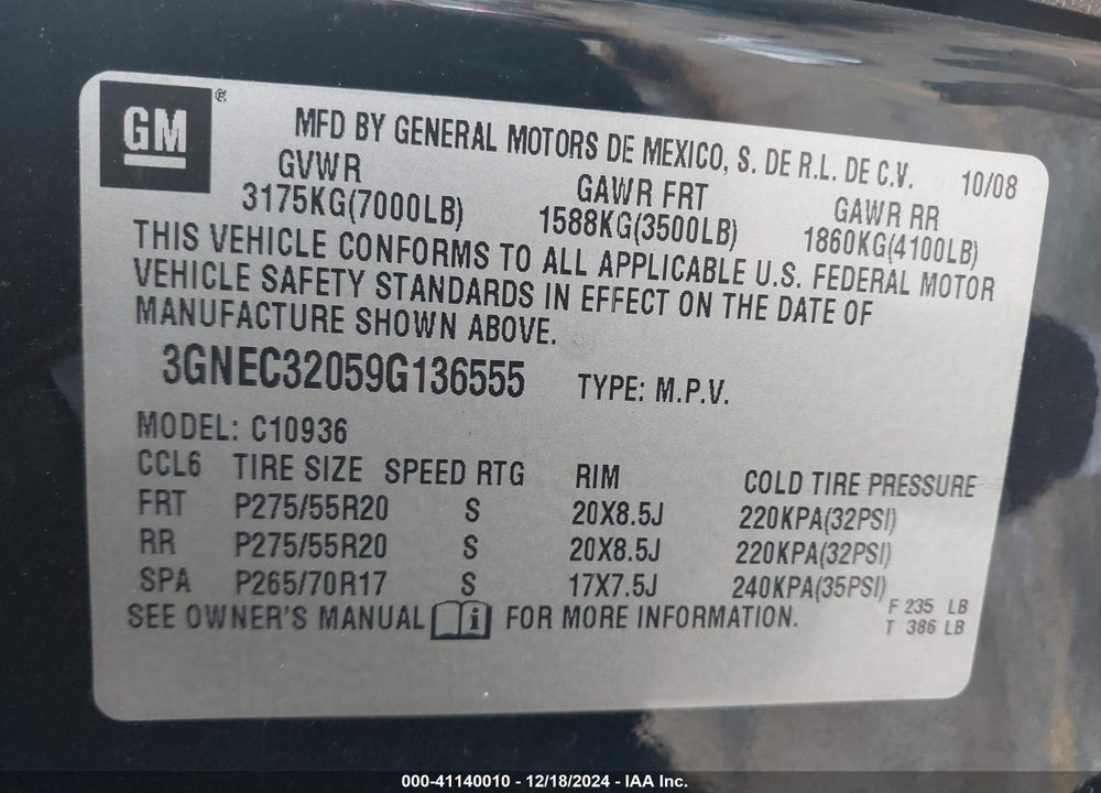 2009 CHEVROLET AVALANCHE 1500 VIN: 3GNEC32059G136555