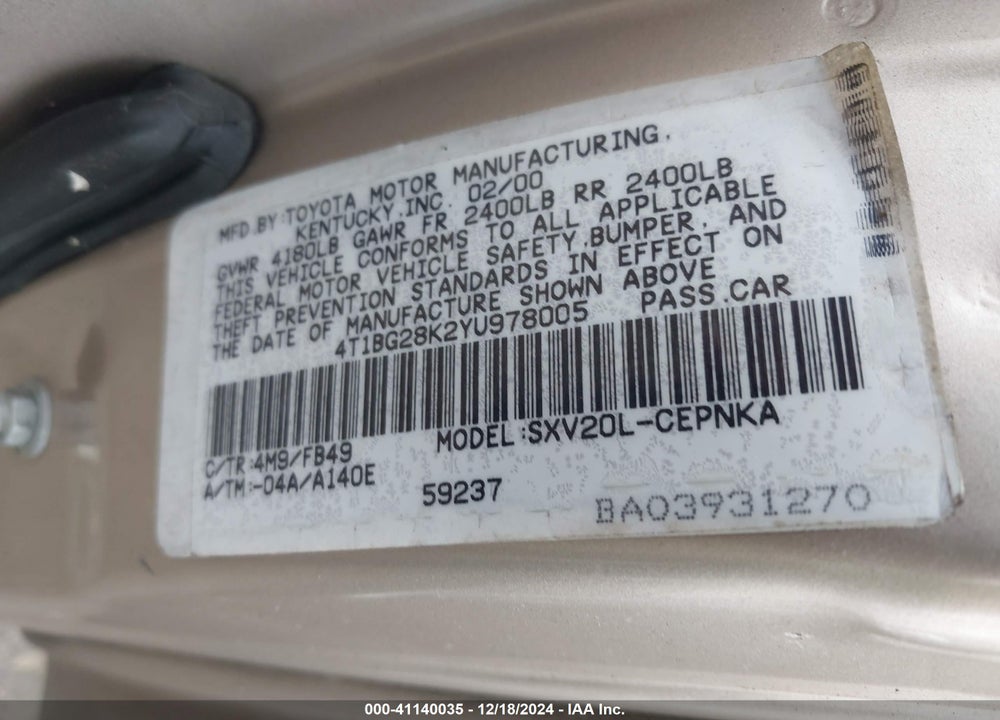 2000 TOYOTA CAMRY LE VIN: 4T1BG28K2YU978005
