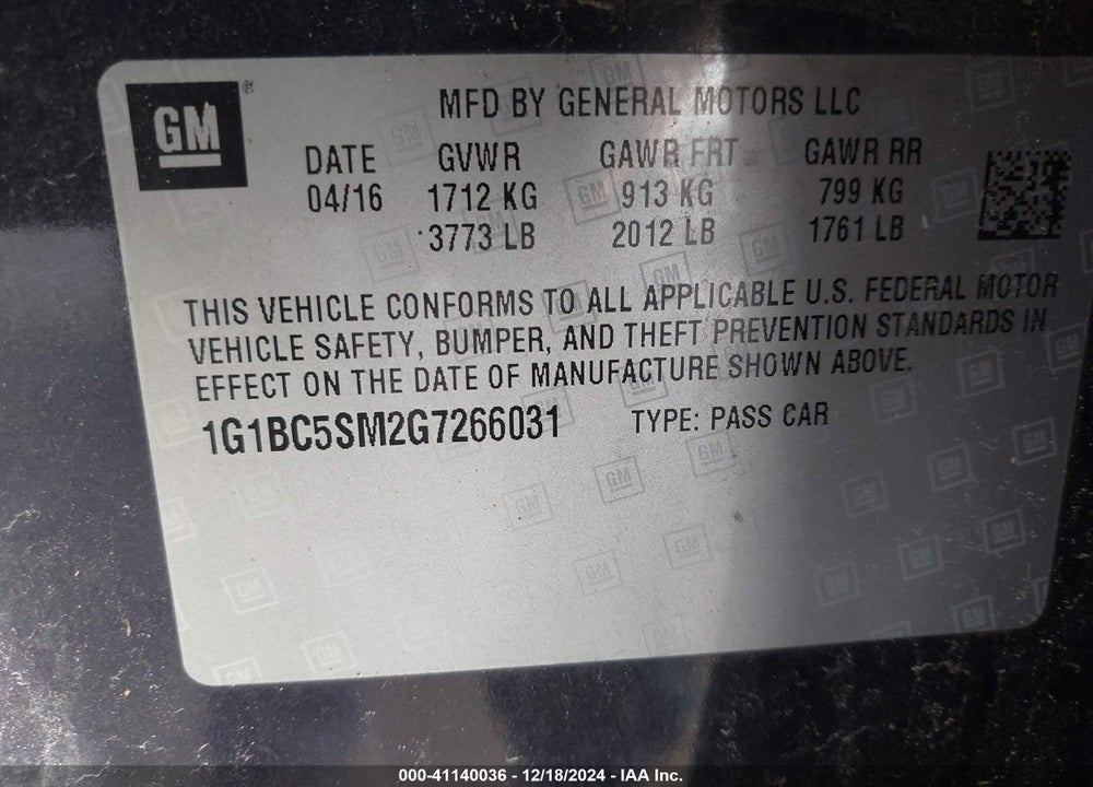 2016 CHEVROLET CRUZE LS AUTO VIN: 1G1BC5SM2G7266031