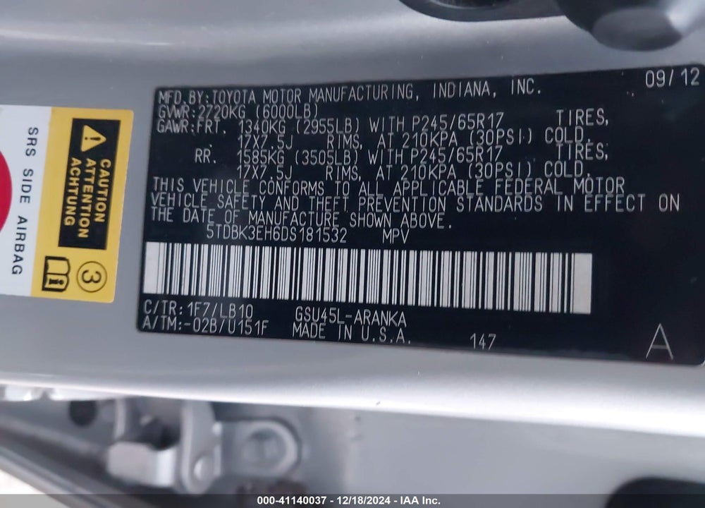 2013 TOYOTA HIGHLANDER SE V6 VIN: 5TDBK3EH6DS181532