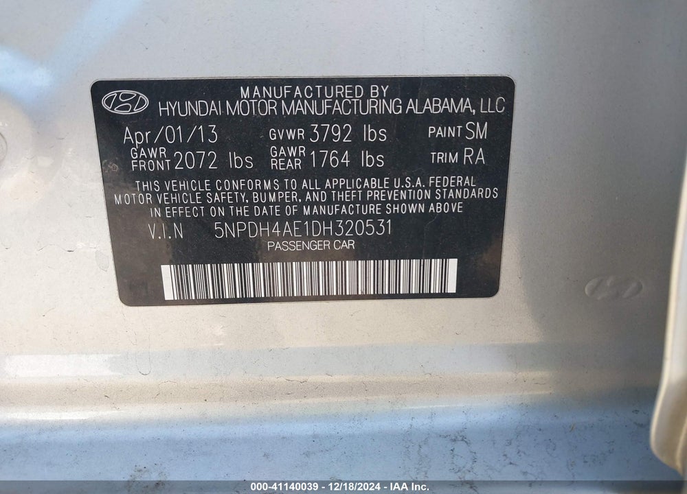 2013 HYUNDAI ELANTRA GLS VIN: 5NPDH4AE1DH320531