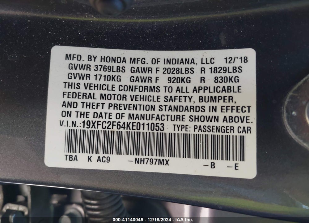2019 HONDA CIVIC LX VIN: 19XFC2F64KE011053
