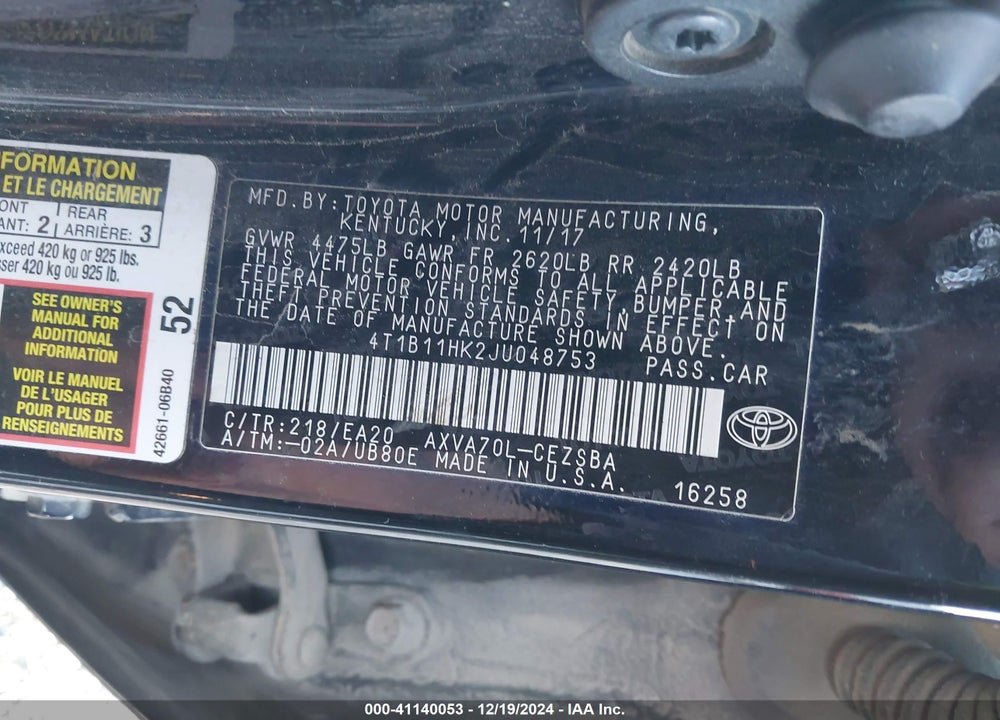 2018 TOYOTA CAMRY SE VIN: 4T1B11HK2JU048753