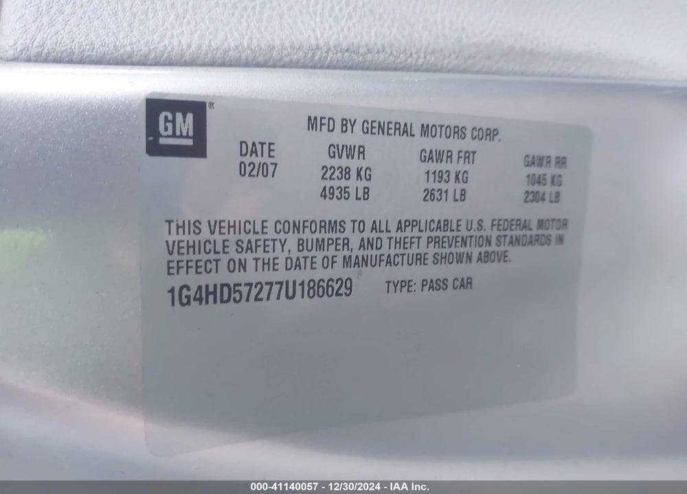 2007 BUICK LUCERNE VIN: 1G4HD57277U186629