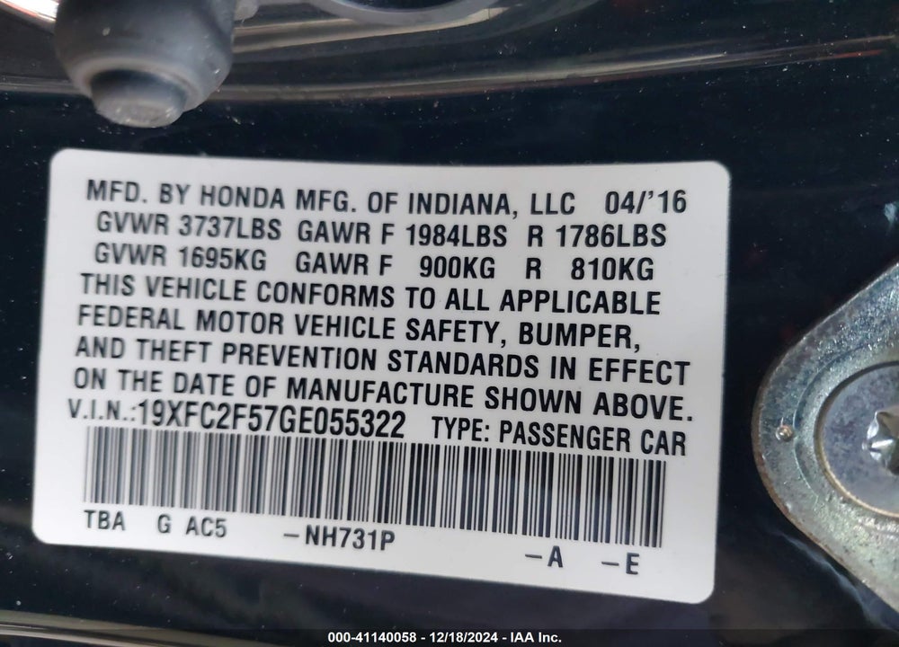 2016 HONDA CIVIC LX VIN: 19XFC2F57GE055322