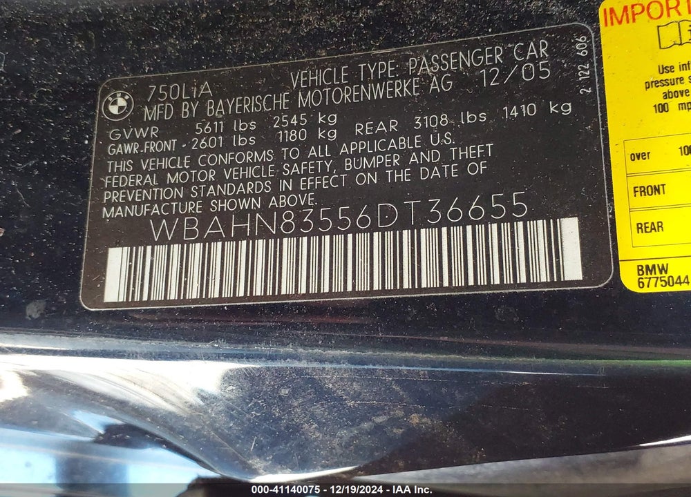 2006 BMW 750LI VIN: WBAHN83556DT36655