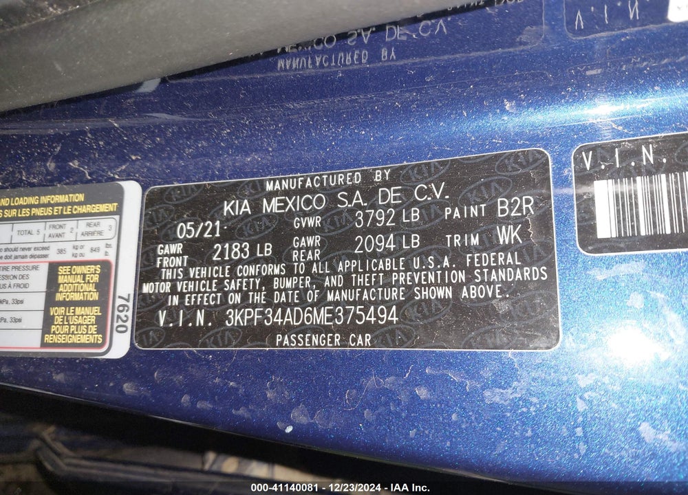 2021 KIA FORTE GT LINE VIN: 3KPF34AD6ME375494