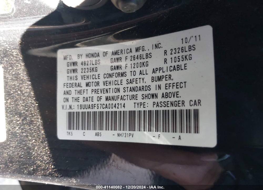 2012 ACURA TL 3.7 VIN: 19UUA9F57CA004214