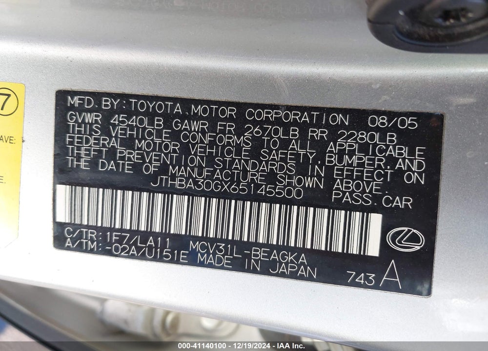 2006 LEXUS ES 330 VIN: JTHBA30GX65145500