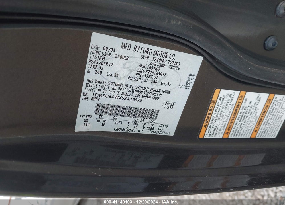 2005 FORD EXPLORER EDDIE BAUER VIN: 1FMZU64WX5ZA15875