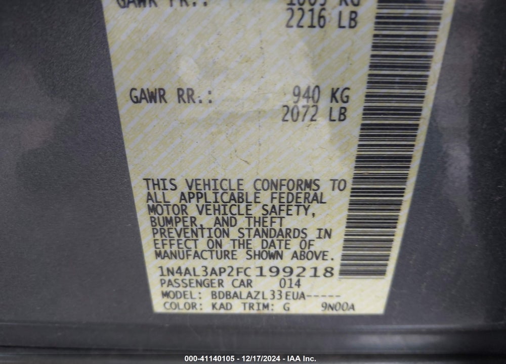 2015 NISSAN ALTIMA 2.5 VIN: 1N4AL3AP2FC199218