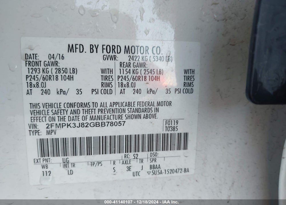 2016 FORD EDGE SEL VIN: 2FMPK3J82GBB78057