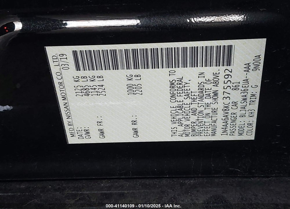 2019 NISSAN MAXIMA 3.5 SR VIN: 1N4AA6AV8KC375592