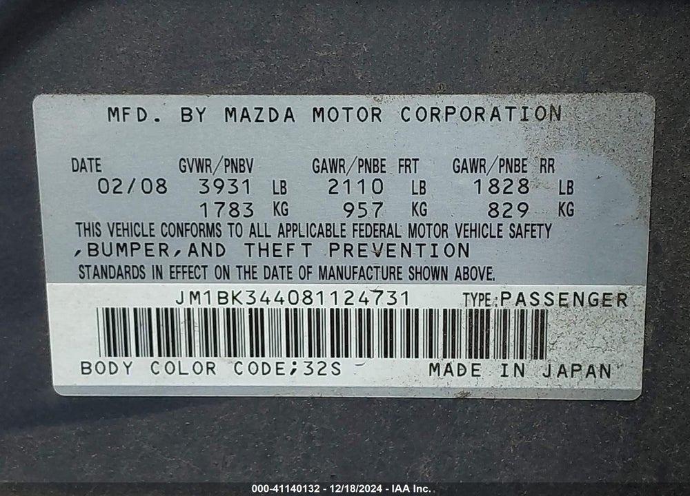 2008 MAZDA 3 S SPORT VIN: JM1BK344081124731