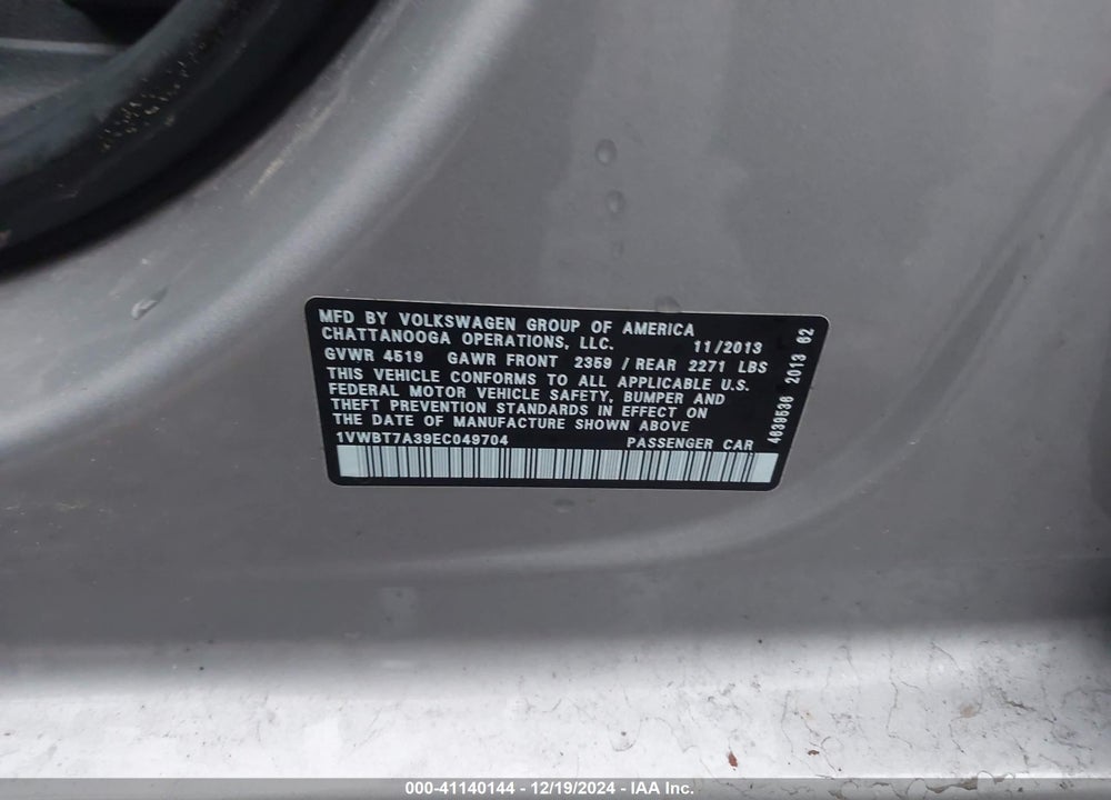 2014 VOLKSWAGEN PASSAT VIN: 1VWBT7A39EC049704