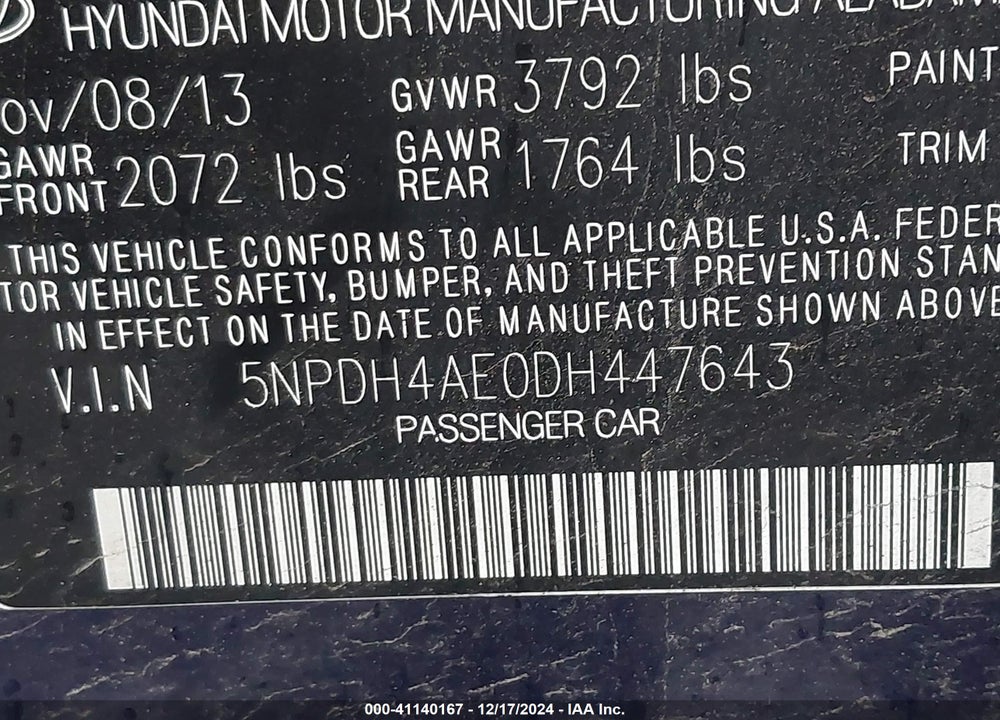 2013 HYUNDAI ELANTRA GLS VIN: 5NPDH4AE0DH447643