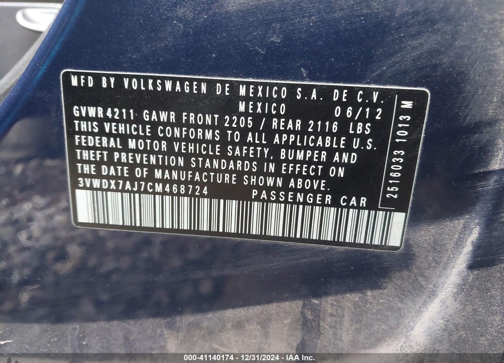 2012 VOLKSWAGEN JETTA 2.5L SE VIN: 3VWDX7AJ7CM468724
