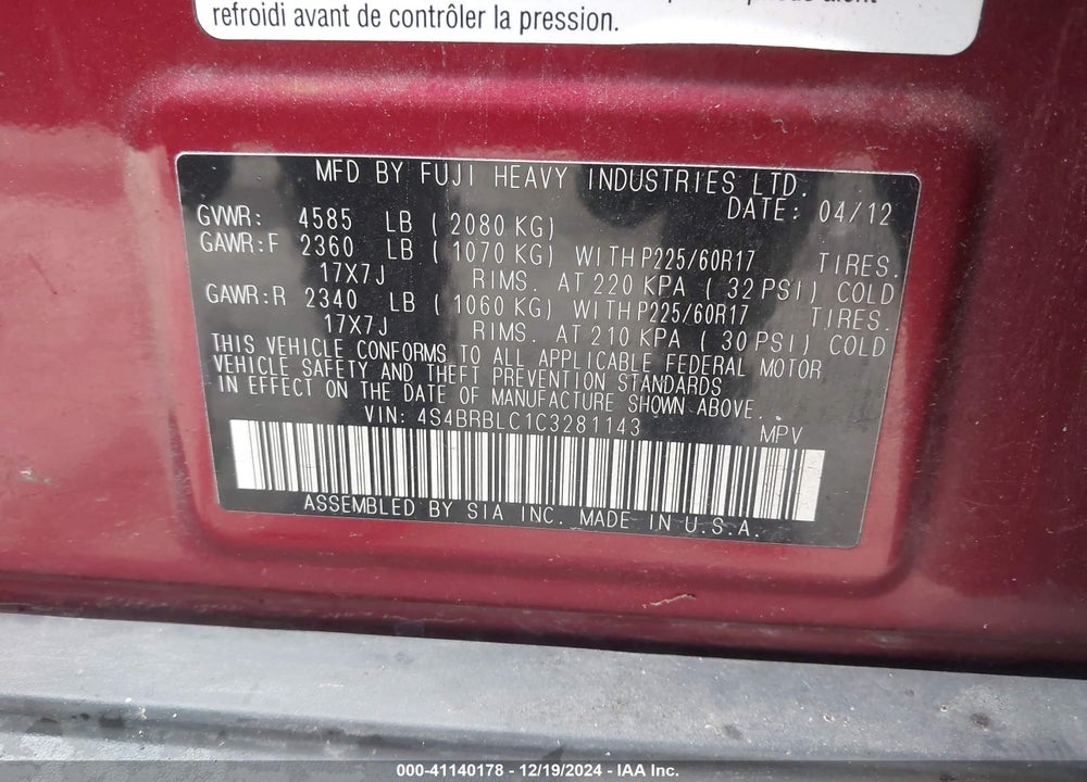 2012 SUBARU OUTBACK 2.5I LIMITED VIN: 4S4BRBLC1C3281143