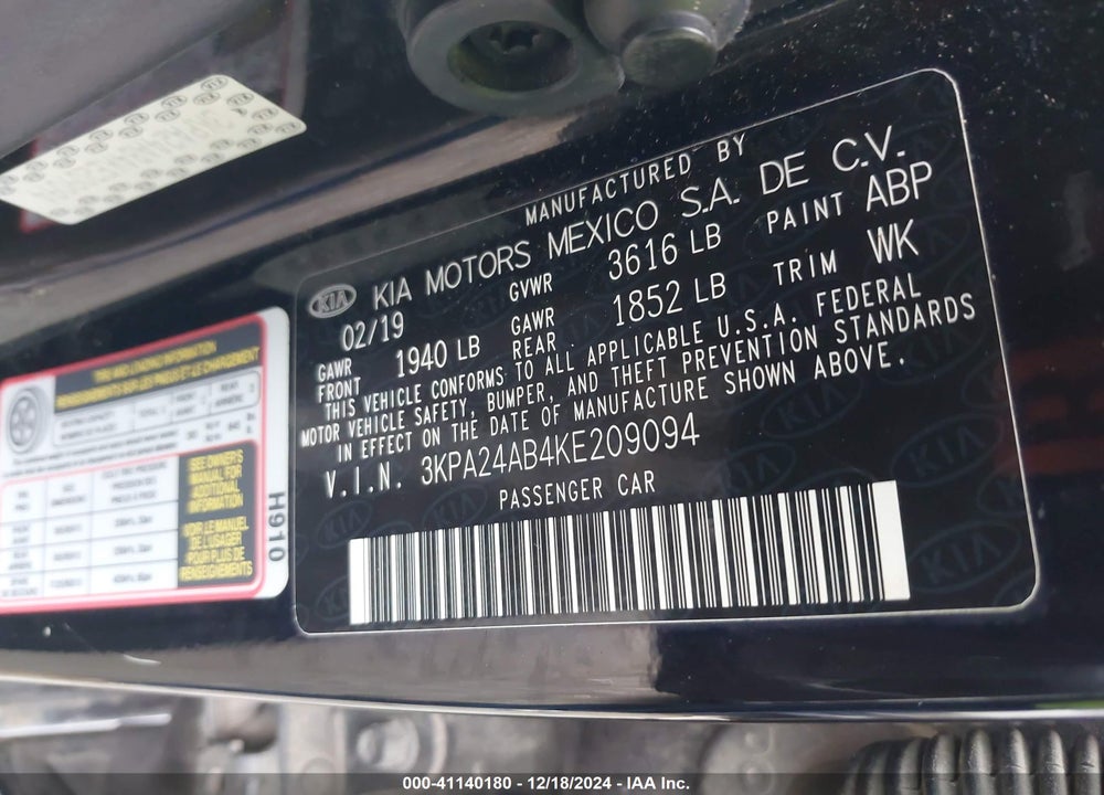 2019 KIA RIO VIN: 3KPA24AB4KE209094