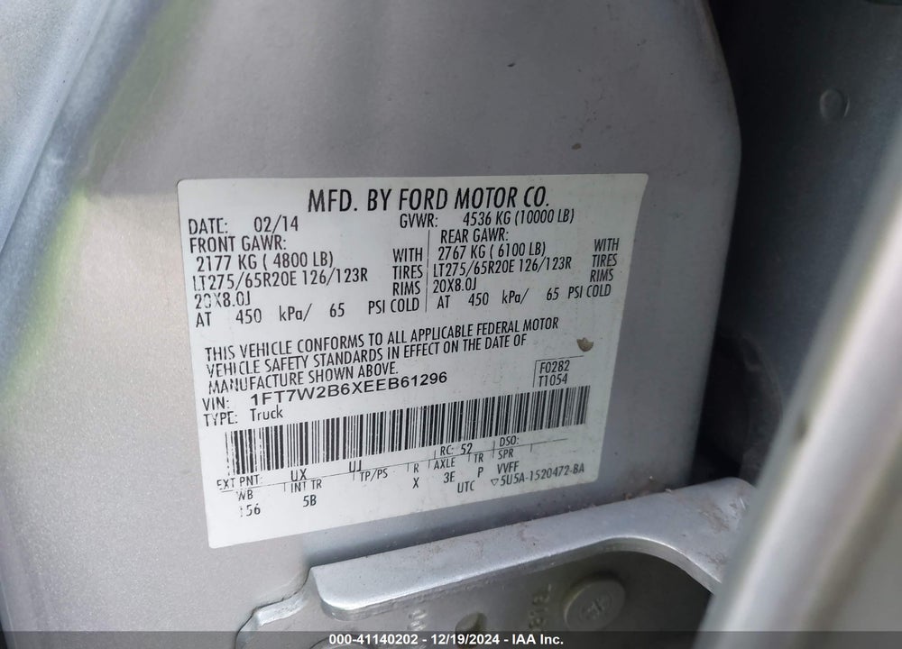 2014 FORD F-250 VIN: 1FT7W2B6XEEB61296