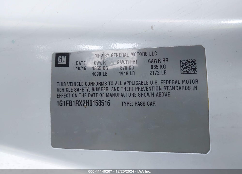 2017 CHEVROLET CAMARO 1LT VIN: 1G1FB1RX2H0158516