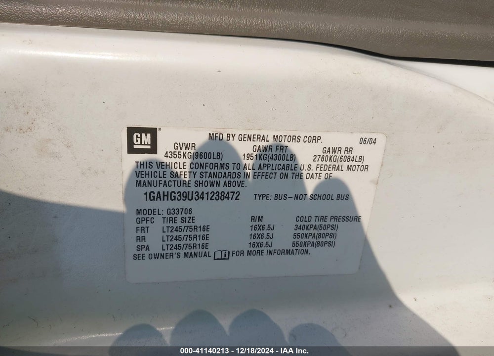 2004 CHEVROLET EXPRESS VIN: 1GAHG39U341238472