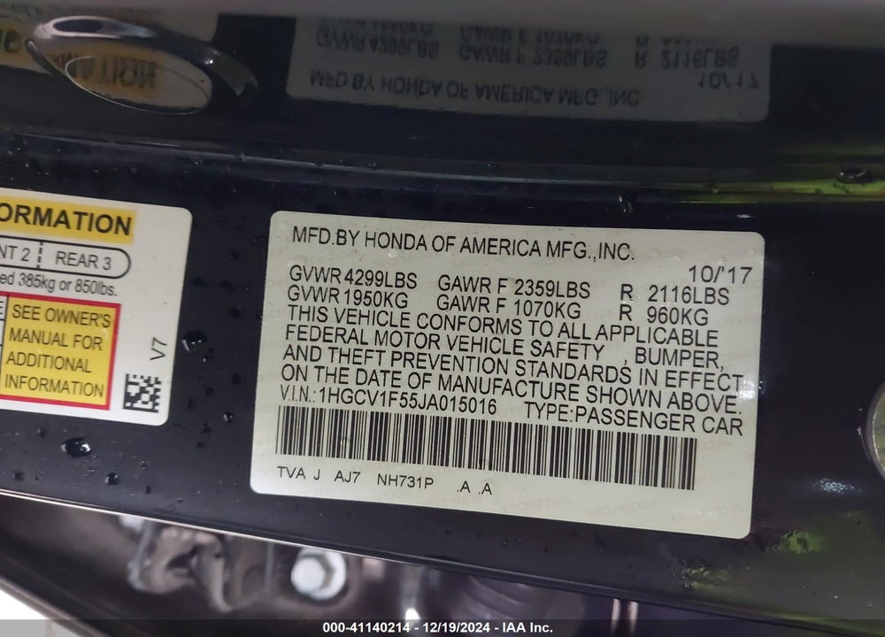 2018 HONDA ACCORD EX-L VIN: 1HGCV1F55JA015016