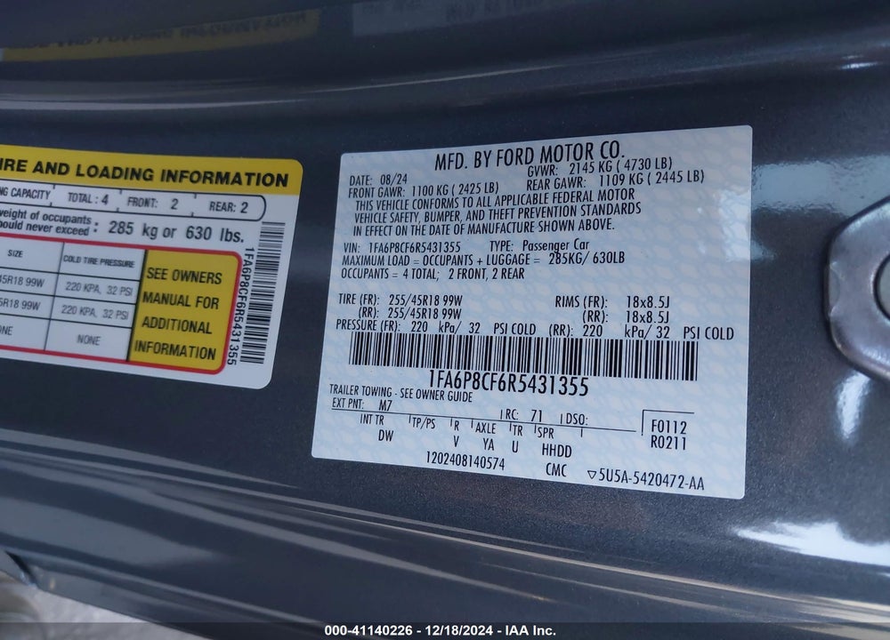 2024 FORD MUSTANG VIN: 1FA6P8CF6R5431355