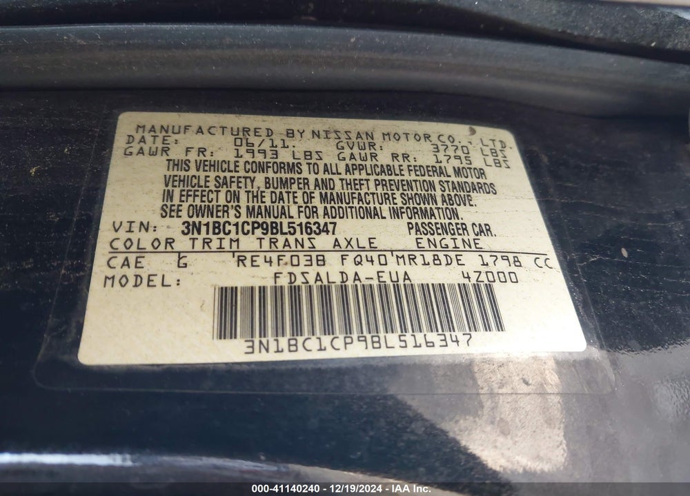 2011 NISSAN VERSA 1.8S VIN: 3N1BC1CP9BL516347