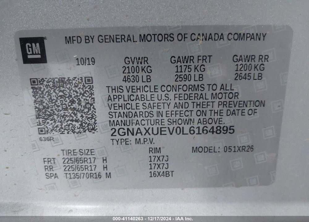 2020 CHEVROLET EQUINOX AWD LT 1.5L TURBO VIN: 2GNAXUEV0L6164895