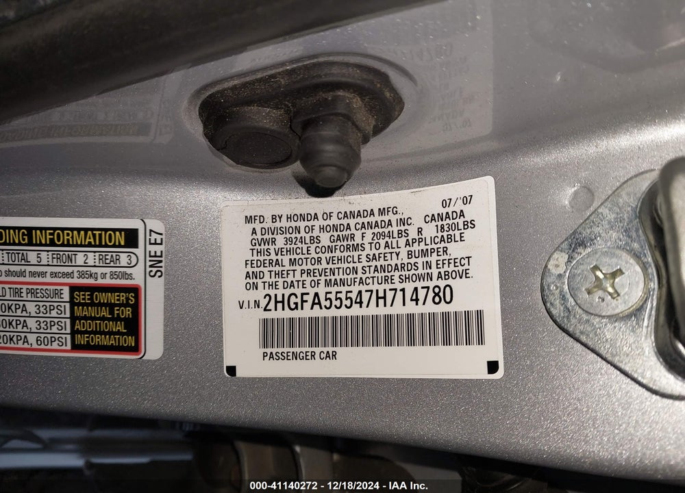 2007 HONDA CIVIC SI VIN: 2HGFA55547H714780