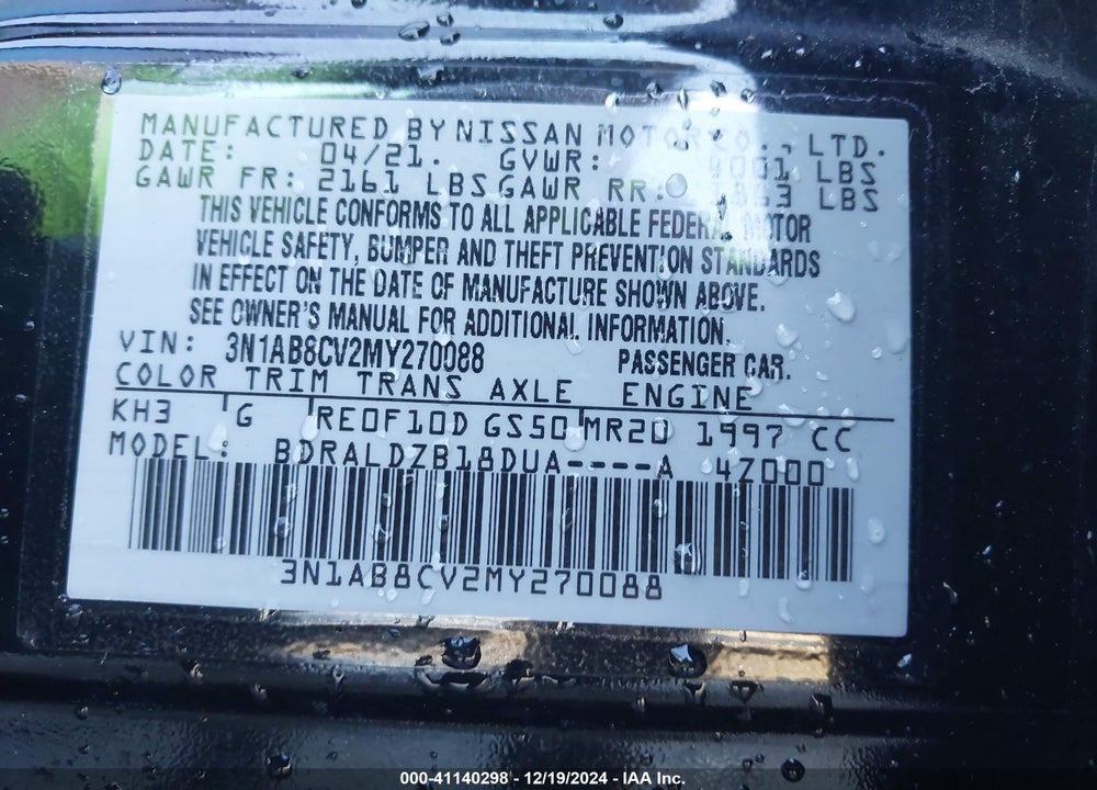 2021 NISSAN SENTRA VIN: 3N1AB8CV2MY270088