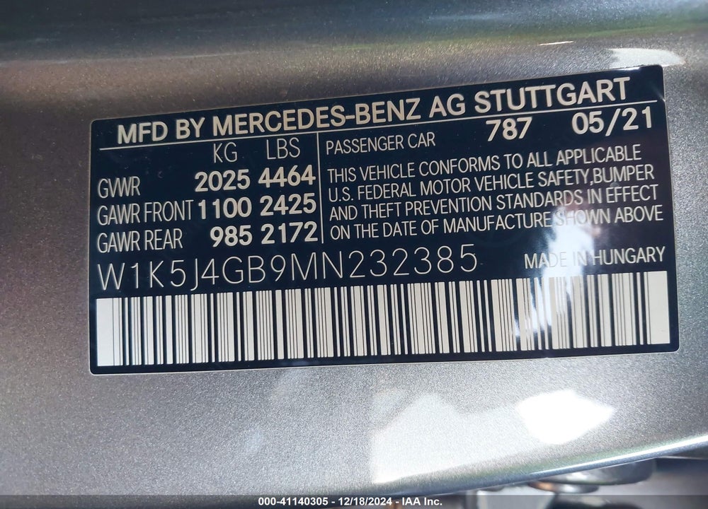 2021 MERCEDES-BENZ CLA 250 VIN: W1K5J4GB9MN232385