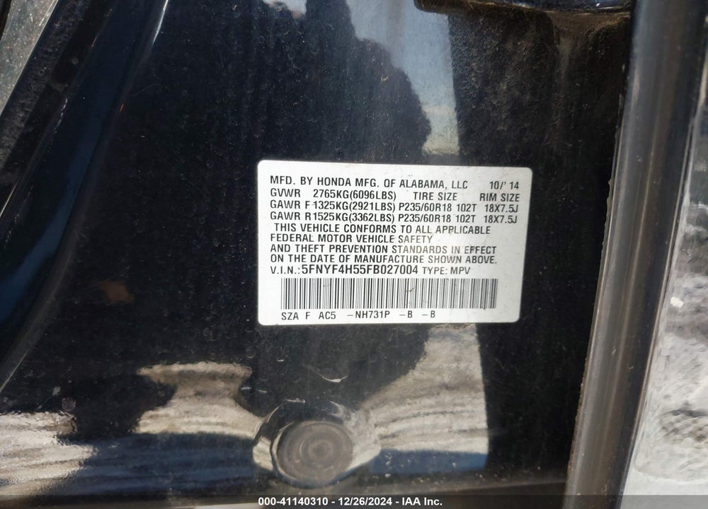 2015 HONDA PILOT EX-L VIN: 5FNYF4H55FB027004